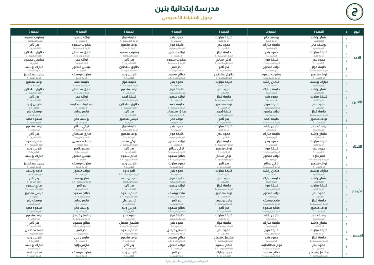 جدول الاحتياط الأسبوعي PDF